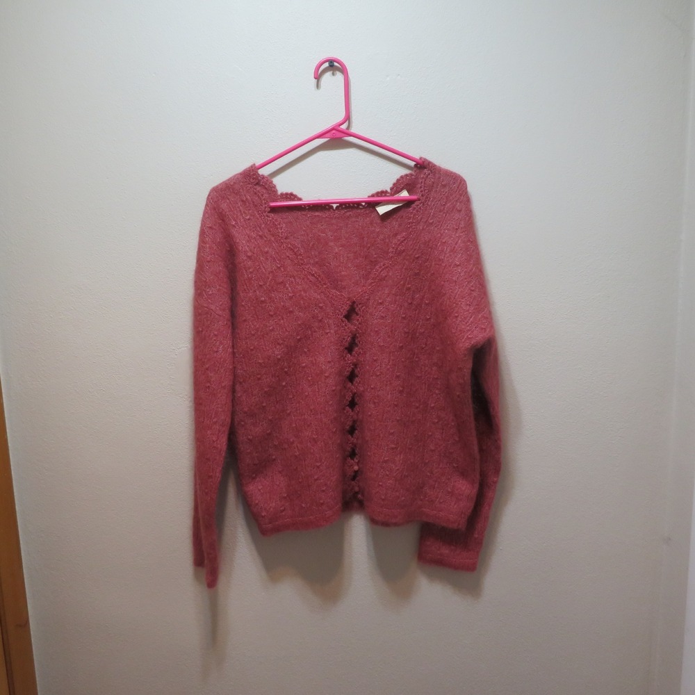 La Maille Sezane Pink Mohair Blend Scalloped Pointelle Cardigan Sweater